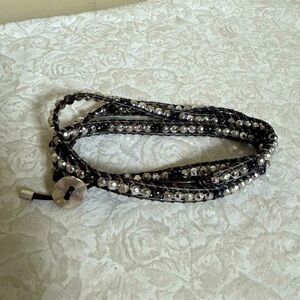 Wrap Bracelet Convertible Necklace Faux Leather Silver Black Beaded